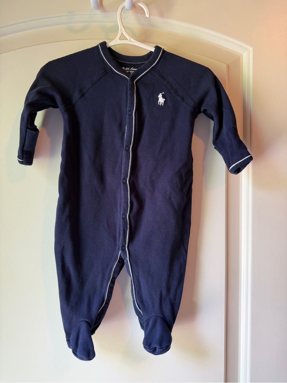 Ralph Lauren Navy Blue Footed Baby One-Piece with White Polo Logo